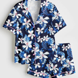 Womenâ€™s Navy Blue Tropical Floral Hibiscus And White Lily Flowers Short Sleeve Satin Pajama Set