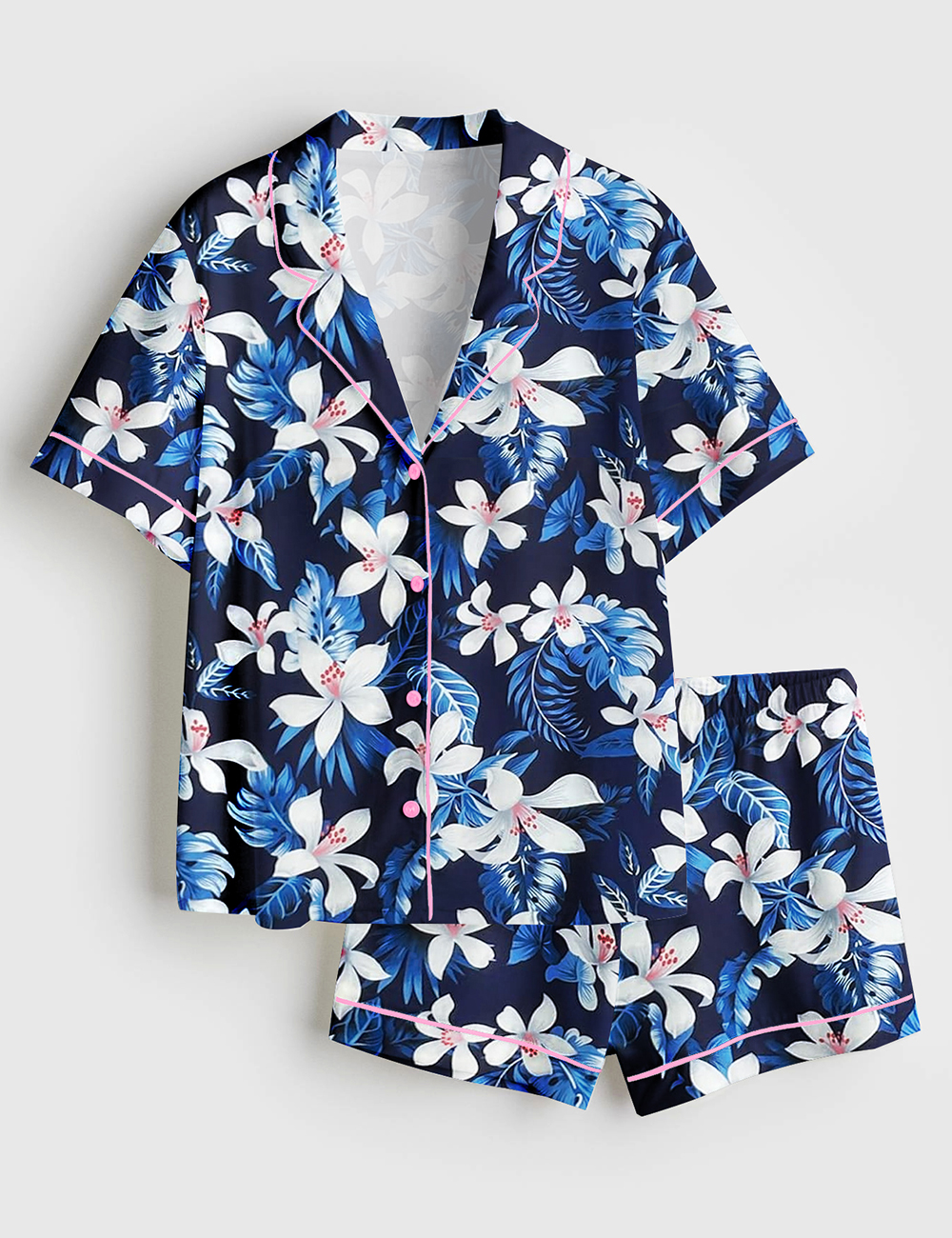 Womenâ€™s Navy Blue Tropical Floral Hibiscus And White Lily Flowers Short Sleeve Satin Pajama Set