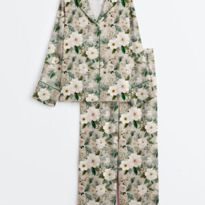 Women's Neutral Christmas Floral Winter Flowers Long Sleeve Satin Pajamas Set