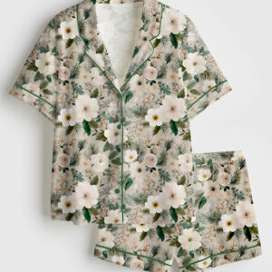 Womenâ€™s Neutral Christmas Floral Winter Flowers Short Sleeve Satin Pajama Set