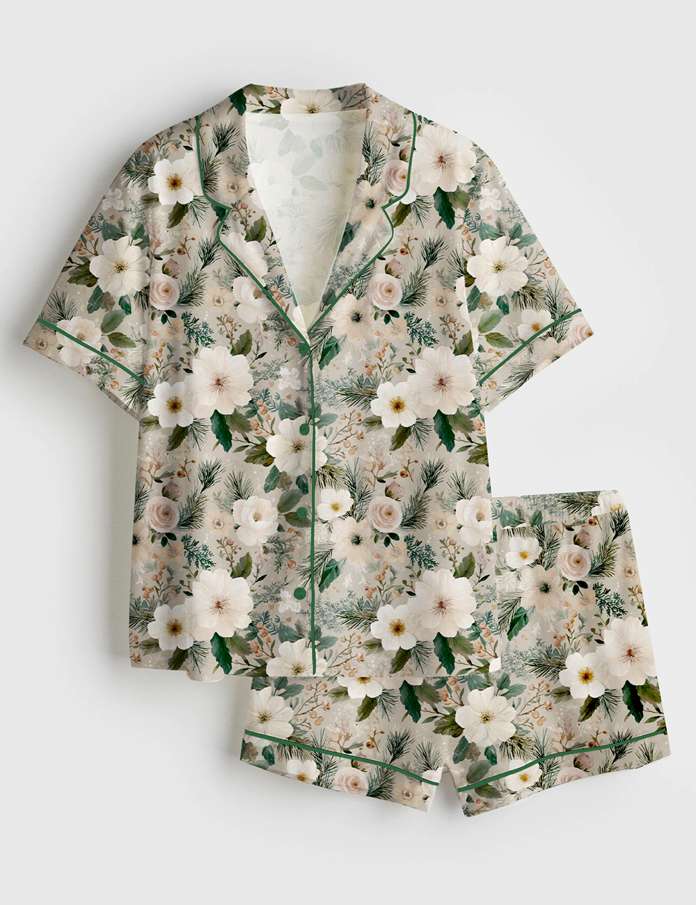 Womenâ€™s Neutral Christmas Floral Winter Flowers Short Sleeve Satin Pajama Set