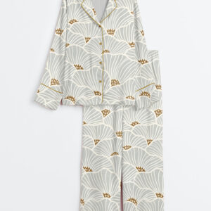 Womenâ€™s Neutral Flowers Modern Geometric Soft Lines Art Print Long Sleeve Satin Pajama Set