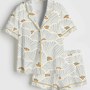 Womenâ€™s Neutral Flowers Modern Geometric Soft Lines Art Print Short Sleeve Satin Pajama Set