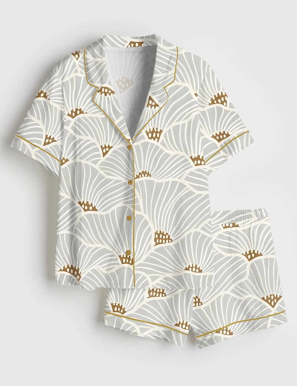 Womenâ€™s Neutral Flowers Modern Geometric Soft Lines Art Print Short Sleeve Satin Pajama Set