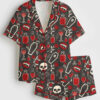 Womenâ€™s Never Better Skeleton Dead Inside Halloween Short Sleeve Satin Pajama Set