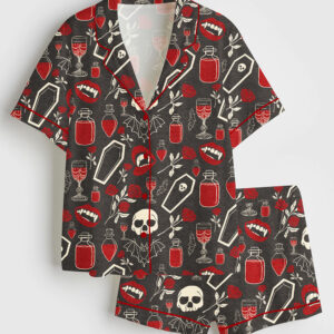 Womenâ€™s Never Better Skeleton Dead Inside Halloween Short Sleeve Satin Pajama Set