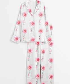 Women's Never Give Up Breast Cancer Awareness Pink Gerbera Daisy & Ribbon Print Long Sleeve Satin Pajama Set