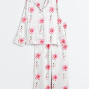 Women's Never Give Up Breast Cancer Awareness Pink Gerbera Daisy & Ribbon Print Long Sleeve Satin Pajamas Set