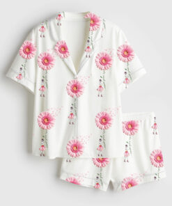 Women's Never Give Up Breast Cancer Awareness Pink Gerbera Daisy & Ribbon Print Short Sleeve Satin Pajama Set