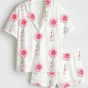 Womenâ€™s Never Give Up Breast Cancer Awareness Pink Gerbera Daisy & Ribbon Print Short Sleeve Satin Pajama Set