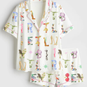 Womenâ€™s New Classic Deco Letters Short Sleeve Satin Pajama Set