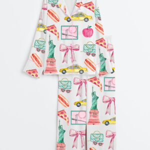 Womenâ€™s New York City Girls Trip Vacay Mode Social Club Preppy Cocktail The Big apple States Print Long Sleeve Satin Pajama Set