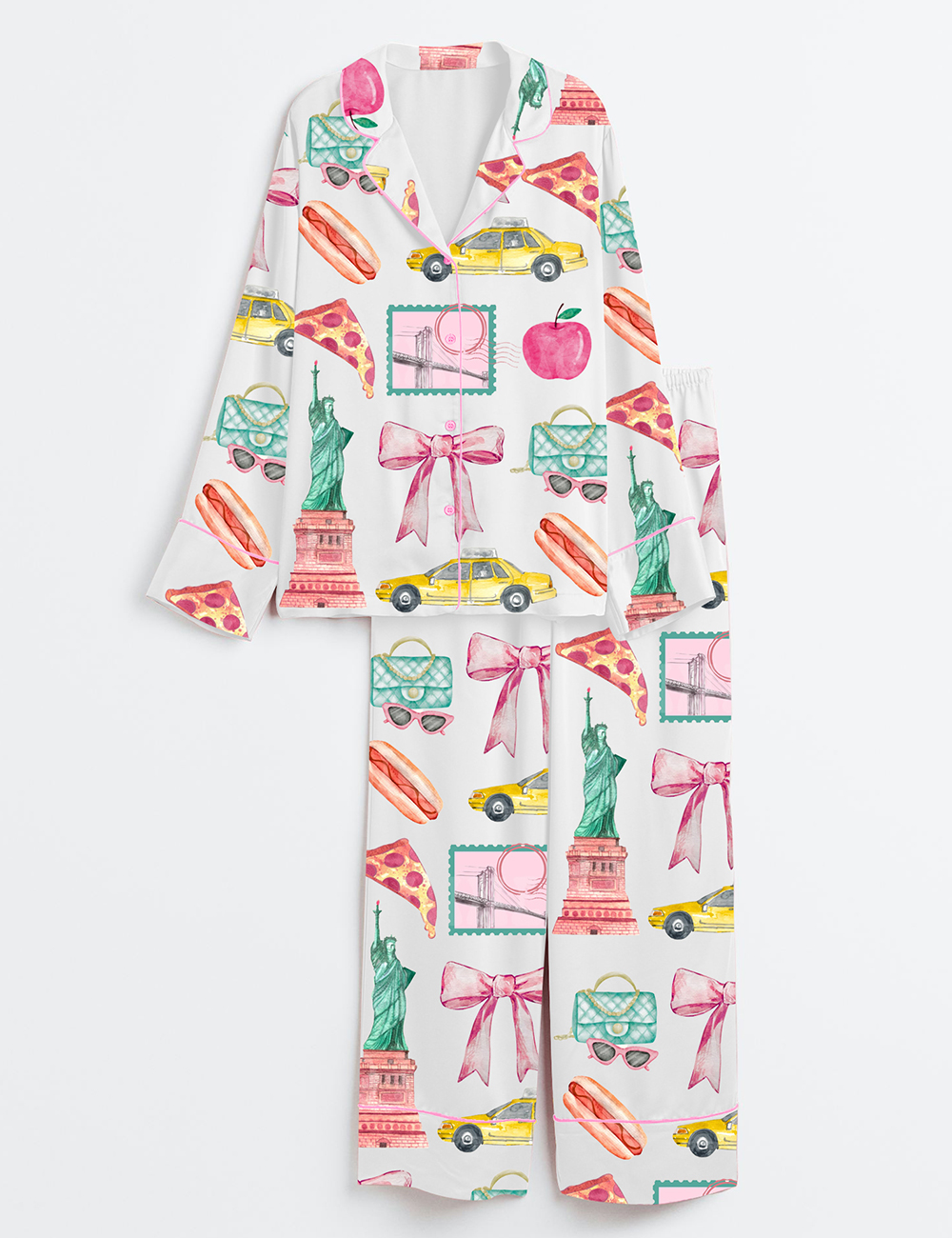 Womenâ€™s New York City Girls Trip Vacay Mode Social Club Preppy Cocktail The Big apple States Print Long Sleeve Satin Pajama Set