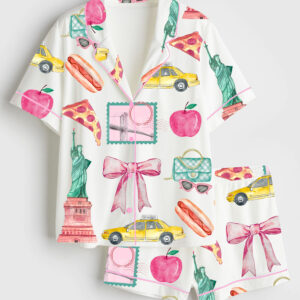 Womenâ€™s New York City Girls Trip Vacay Mode Social Club Preppy Cocktail The Big apple States Print Short Sleeve Satin Pajama Set