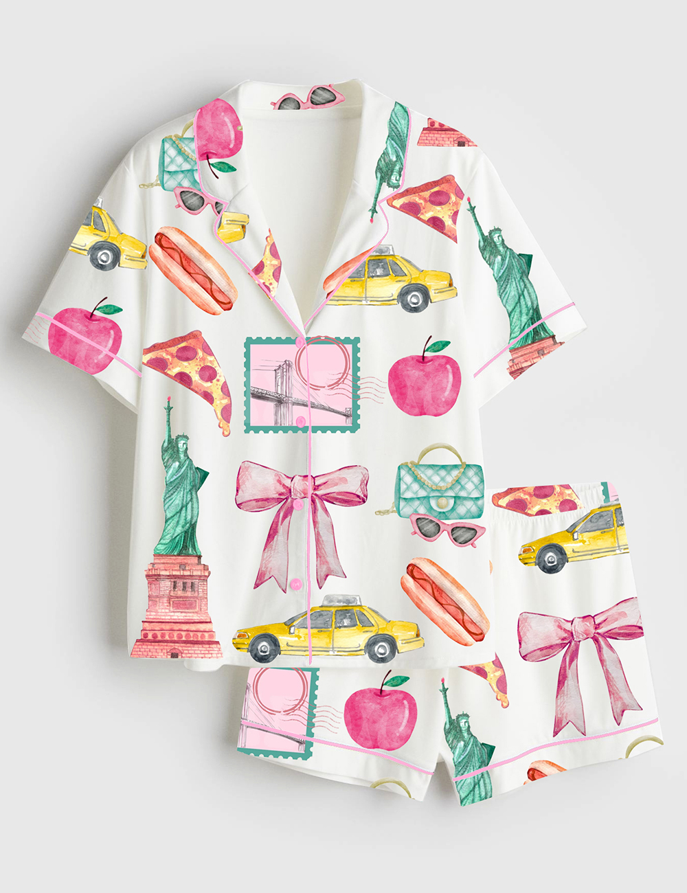 Womenâ€™s New York City Girls Trip Vacay Mode Social Club Preppy Cocktail The Big apple States Print Short Sleeve Satin Pajama Set