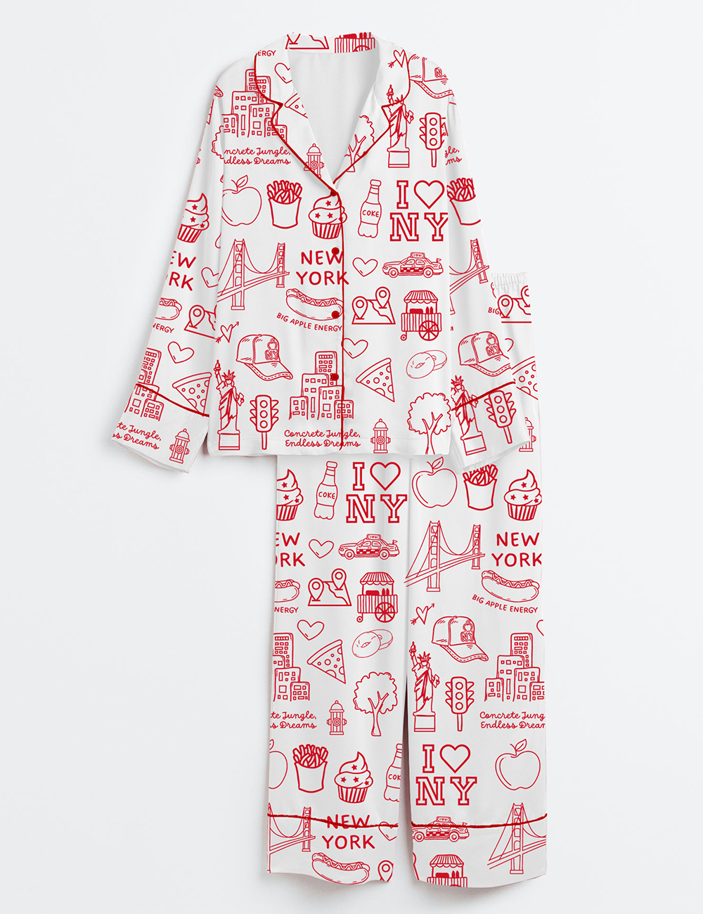 Womenâ€™s New York City Icons NYC Landmarks Big Apple Doodle Long Sleeve Satin Pajama Set