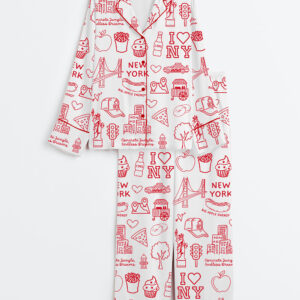 Women's New York City Icons NYC Landmarks Big Apple Doodle Long Sleeve Satin Pajamas Set
