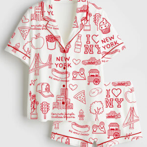 Womenâ€™s New York City Icons NYC Landmarks Big Apple Doodle Short Sleeve Satin Pajama Set