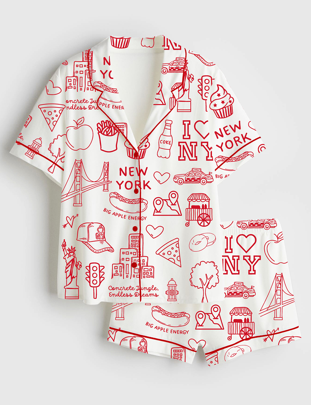 Womenâ€™s New York City Icons NYC Landmarks Big Apple Doodle Short Sleeve Satin Pajama Set