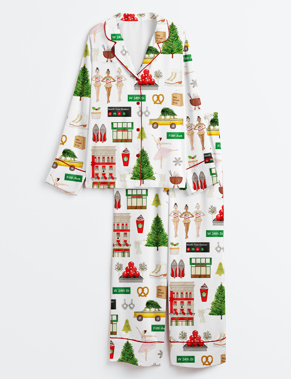 Women's New York City NYC Christmas Long Sleeve Satin Pajamas Set