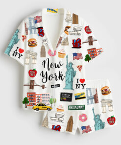 Women's New York Travel GoodNotes Independence Day Short Sleeve Satin Pajama Set