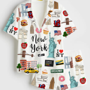 Womenâ€™s New York Travel GoodNotes Independence Day Short Sleeve Satin Pajama Set