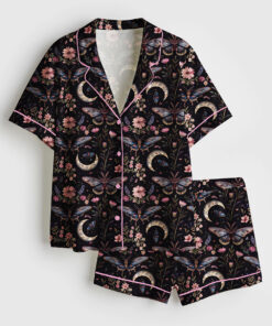 Women's Night Garden Mystical Moth Magic Witchy Floral Short Sleeve Satin Pajama Set