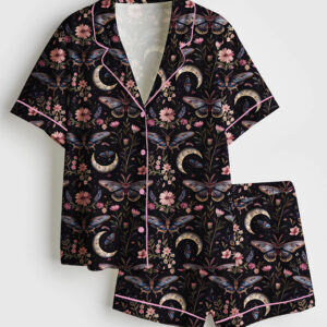 Womenâ€™s Night Garden Mystical Moth Magic Witchy Floral Short Sleeve Satin Pajama Set