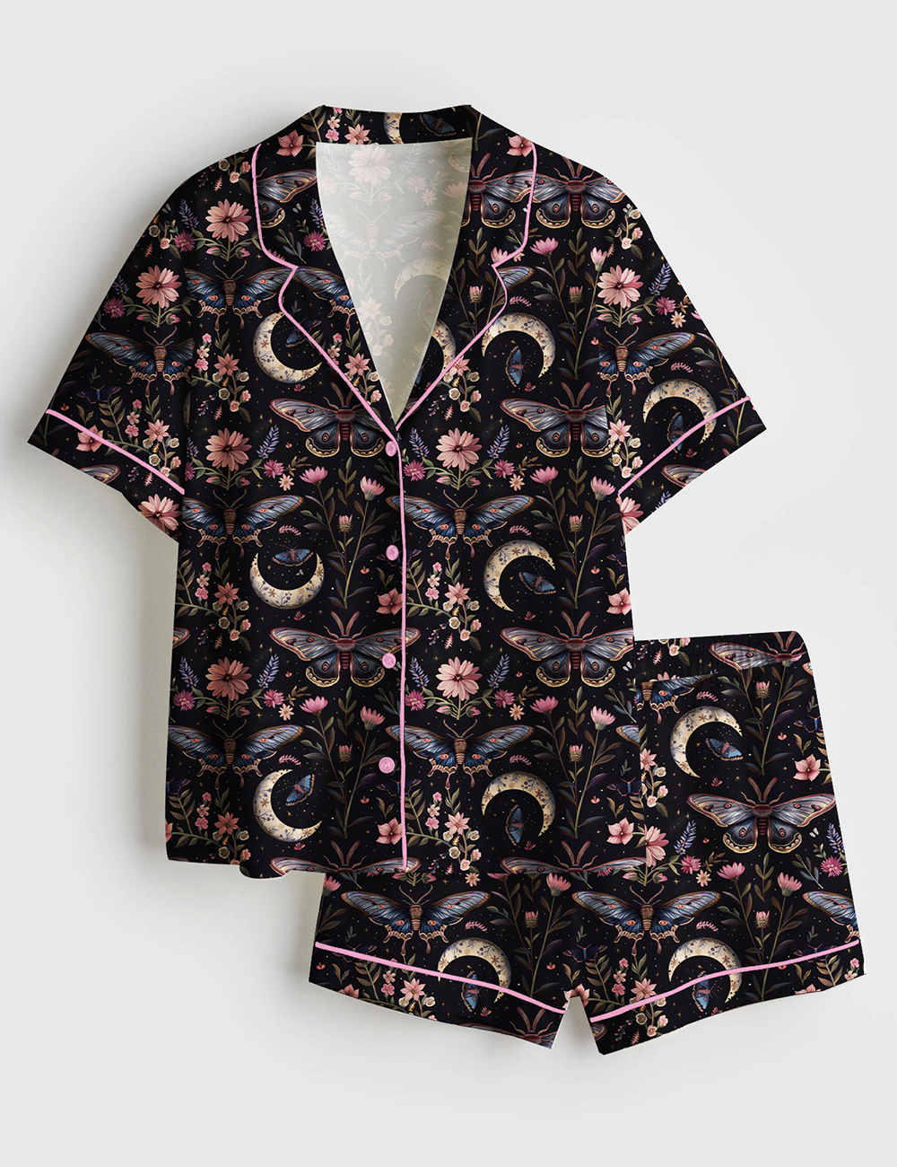 Womenâ€™s Night Garden Mystical Moth Magic Witchy Floral Short Sleeve Satin Pajama Set