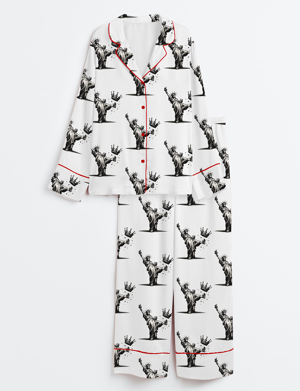 Women's No Kings Statue Of Liberty Liberal Anti Fascism Long Sleeve Satin Pajamas Set