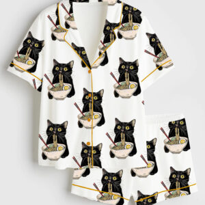 Women's Noodle Cat Short Sleeve Satin Pajama Set