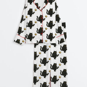 Women's Nope Cat No Kings Black Cat Kicking Crown Anti Social Cat Long Sleeve Satin Pajamas Set