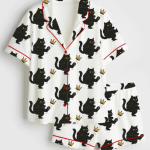 Womenâ€™s Nope Cat No Kings Black Cat Kicking Crown Anti Social Cat Short Sleeve Satin Pajama Set