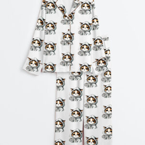 Womenâ€™s Nope Not TodayÂ Cute CatÂ FunnyÂ Cats Lover Print Long Sleeve Satin Pajama Set