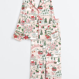 Womenâ€™s North Pole Village Map Christmas Retro Holiday Long Sleeve Satin Pajama Set