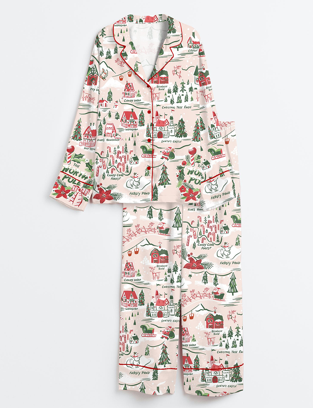 Womenâ€™s North Pole Village Map Christmas Retro Holiday Long Sleeve Satin Pajama Set