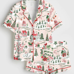 Womenâ€™s North Pole Village Map Christmas Retro Holiday Short Sleeve Satin Pajama Set
