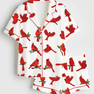 Women's Northern Cardinal Bird Short Sleeve Satin Pajama Set