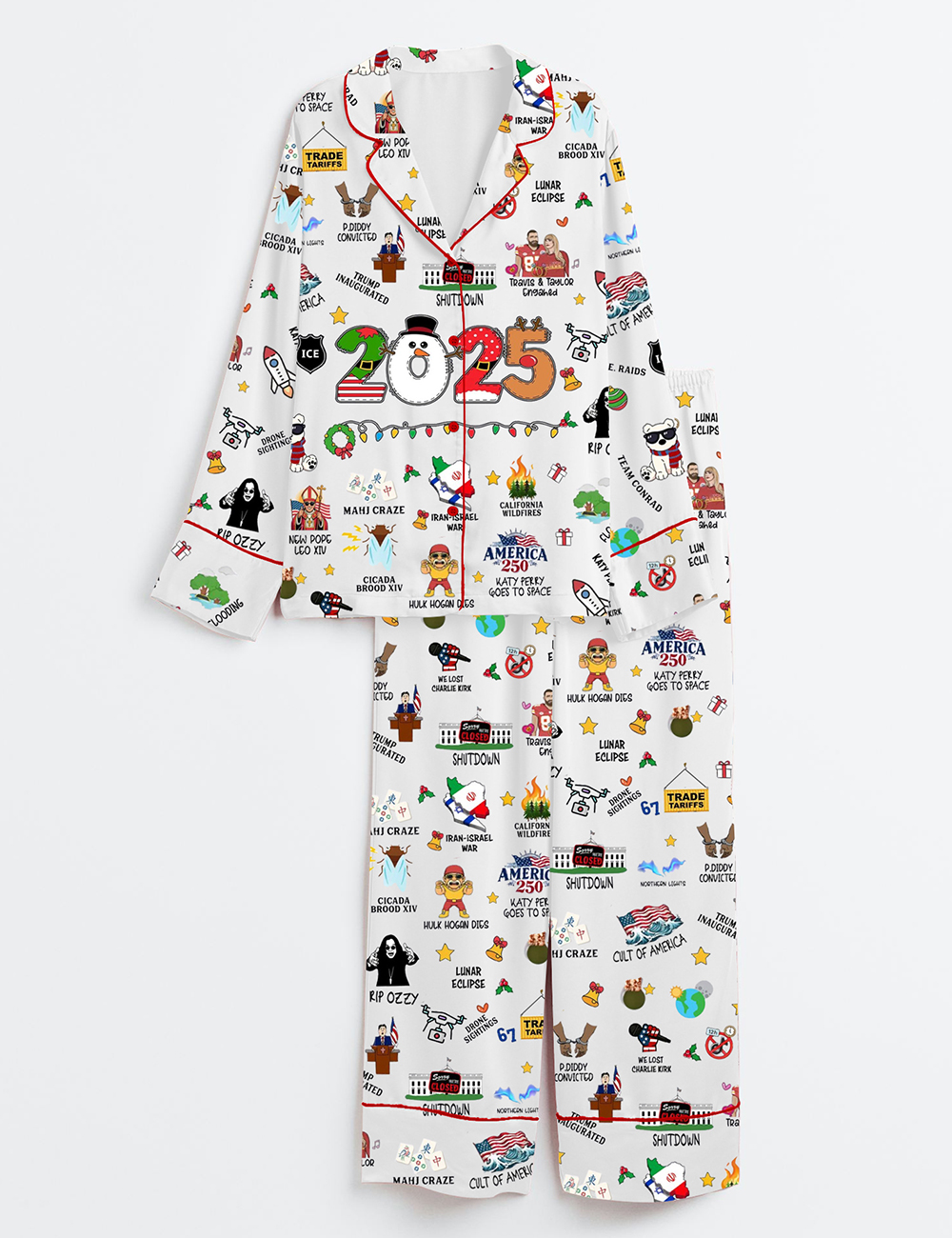 Women's Notable Events 2025 Christmas Year In Review Christmas Long Sleeve Satin Pajamas Set