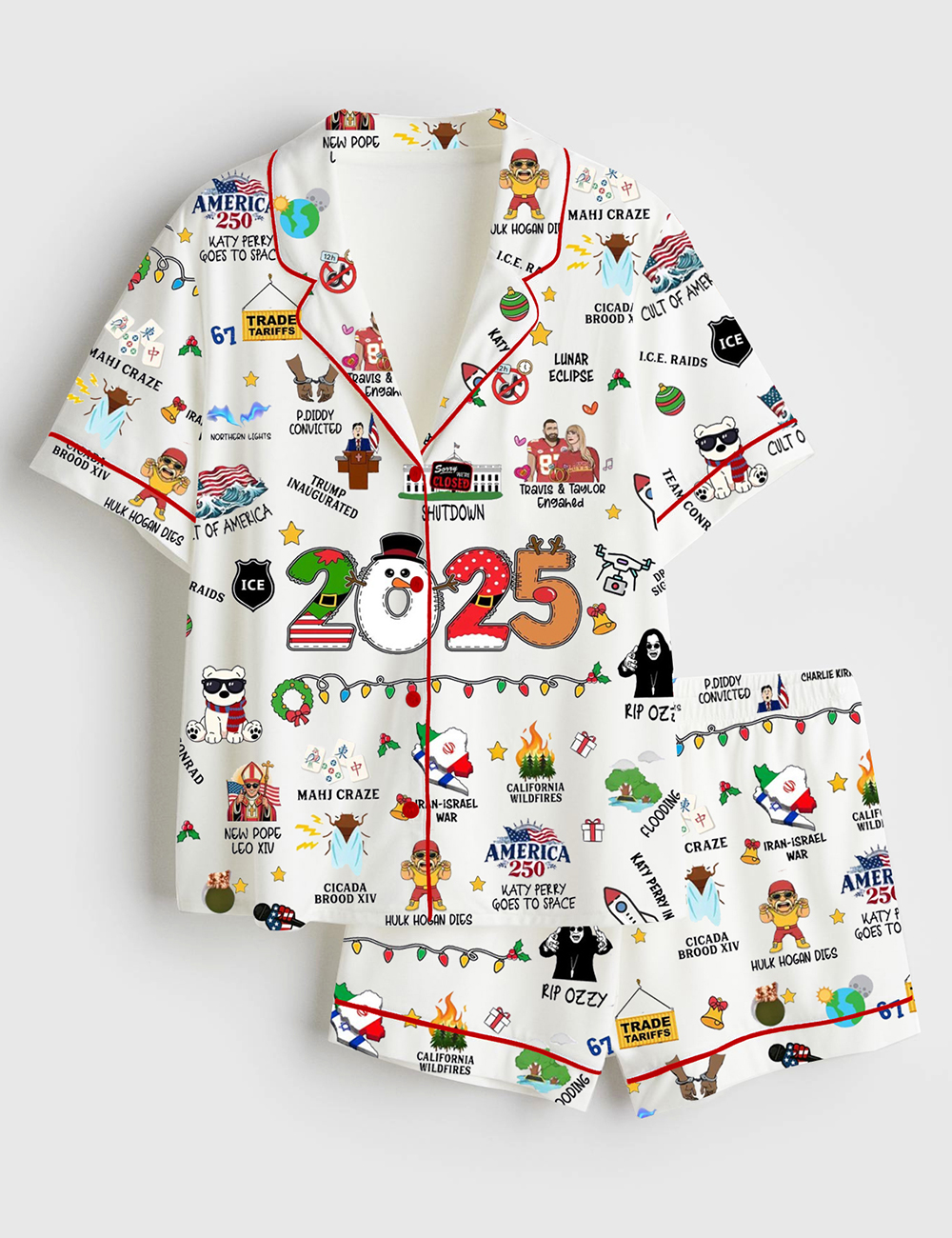 Women’s Notable Events 2025 Christmas Year In Review Christmas Short Sleeve Satin Pajama Set