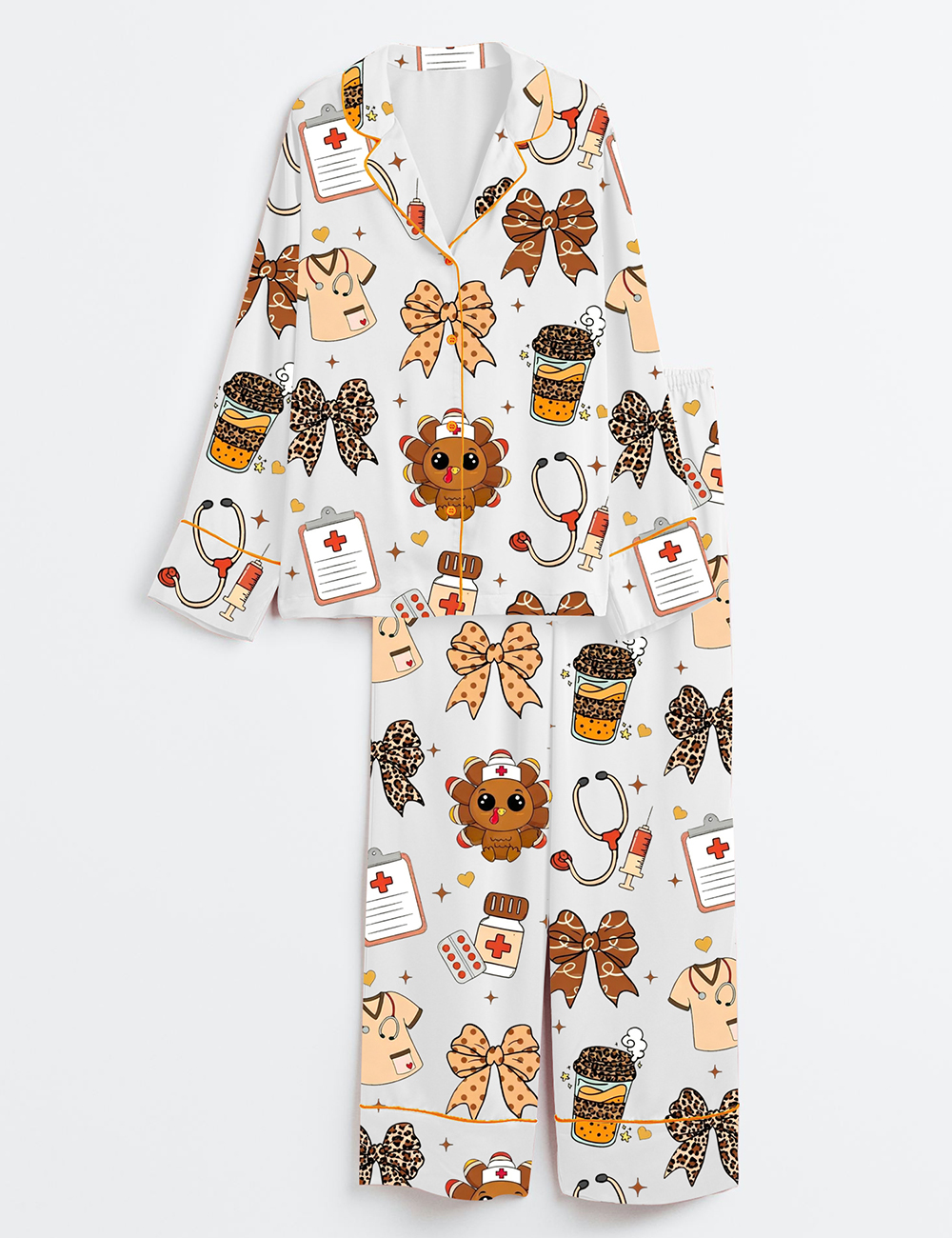 Women's Nurse Thanksgiving Nurse Fall Autumn Long Sleeve Satin Pajama Set