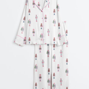 Womenâ€™s Nutcracker Pink Christmas Cute Holiday Nutcracker Print Long Sleeve Satin Pajama Set