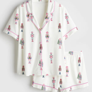Womenâ€™s Nutcracker Pink Christmas Cute Holiday Nutcracker Print Short Sleeve Satin Pajama Set