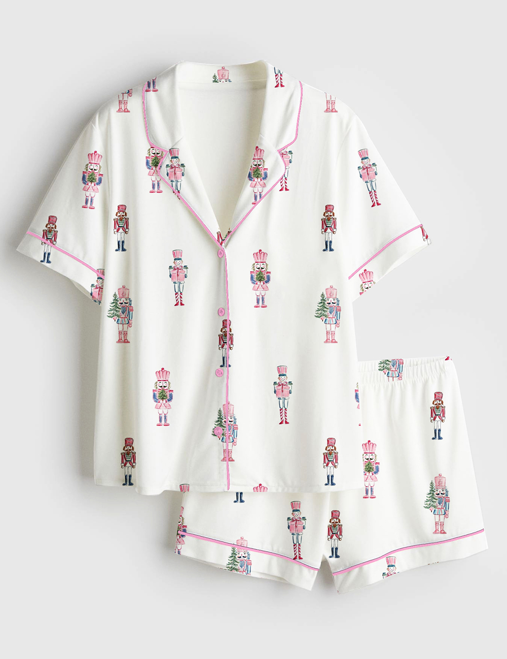 Women’s Nutcracker Pink Christmas Cute Holiday Nutcracker Print Short Sleeve Satin Pajama Set