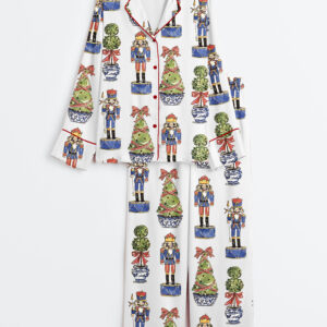 Women's Nutcracker Topiary Christmas Tree Long Sleeve Satin Pajamas Set