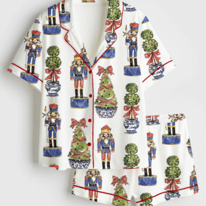 Womenâ€™s Nutcracker Topiary Christmas Tree Short Sleeve Satin Pajama Set
