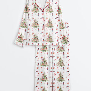 Womenâ€™s Nutcracker Toy Tree Christmas Holiday Long Sleeve Satin Pajama Set