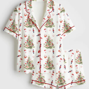Womenâ€™s Nutcracker Toy Tree Christmas Holiday Short Sleeve Satin Pajama Set