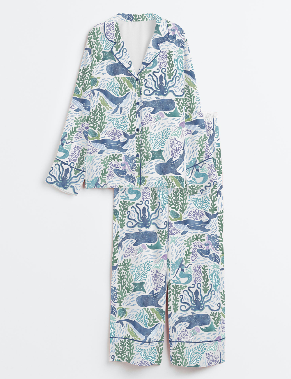 Womenâ€™s Ocean Animals Watercolor Whale Ocean Mermaid Art Print Long Sleeve Satin Pajama Set