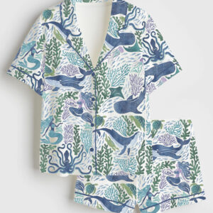 Womenâ€™s Ocean Animals Watercolor Whale Ocean Mermaid Art Print Short Sleeve Satin Pajama Set